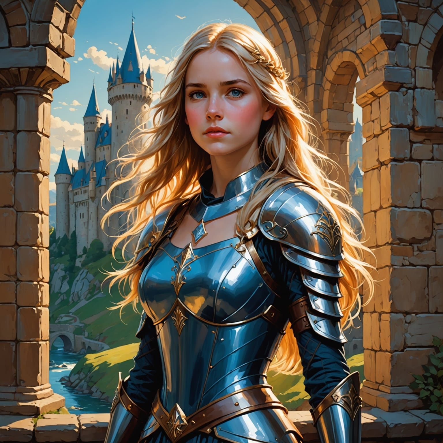 Radiant Paladin Girl in Castle, Waterhouse Style