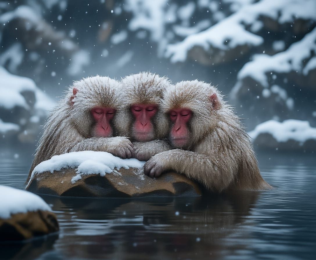 Three Snow Monkeys Relax in Hot Spring