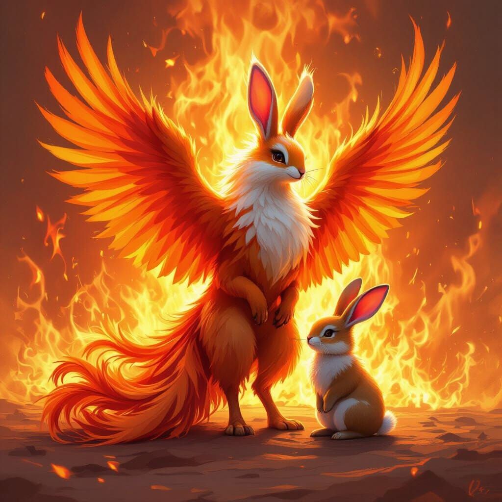 Fiery Phoenix Bunny Hybrid in Ethereal Lighting