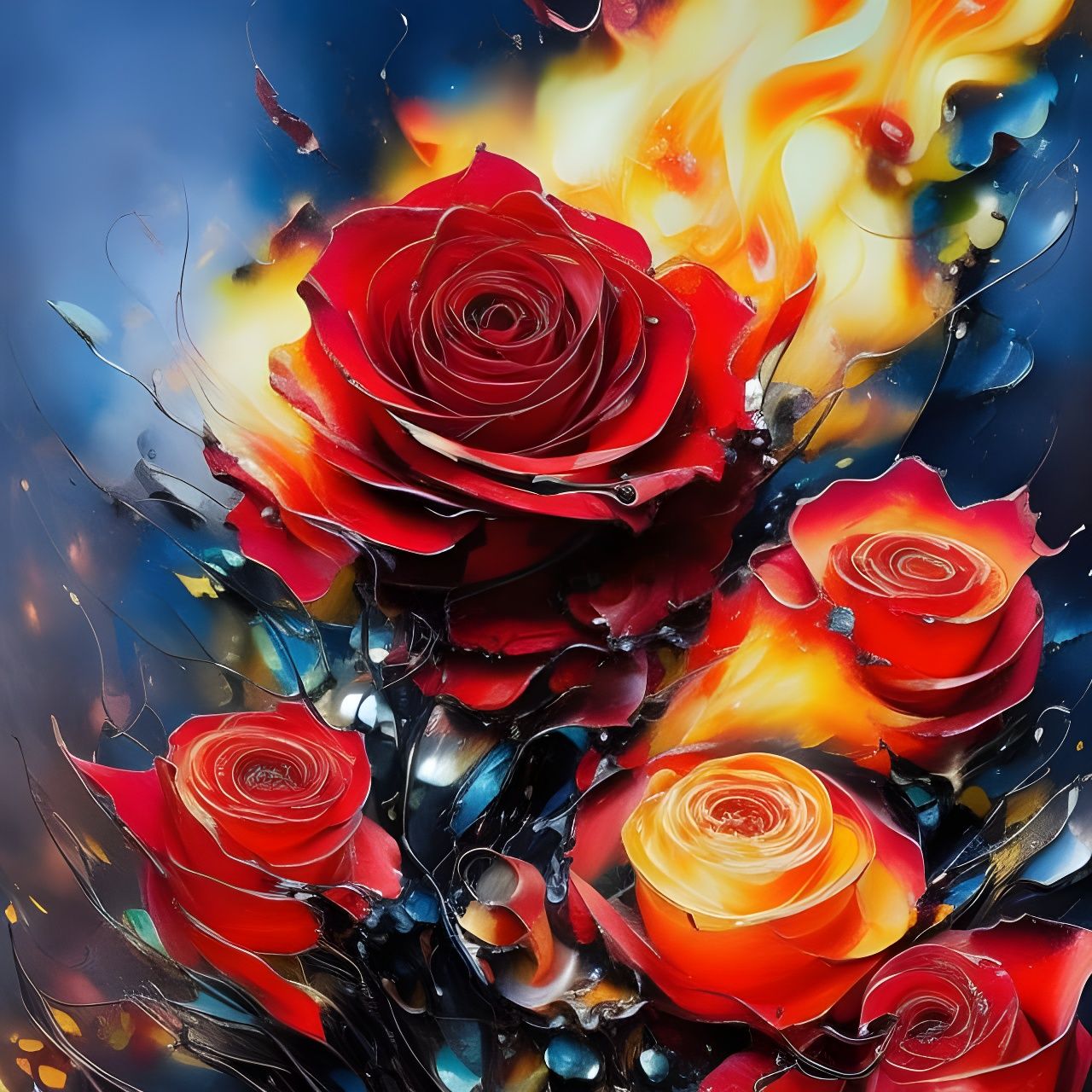 Detailed Fire Rose with Marbling and Oil Effects