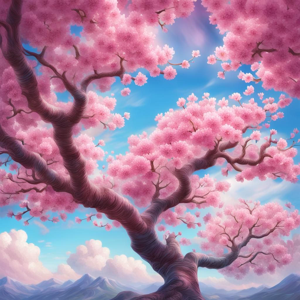 Pink Cherry Blossom Tree in Art Nouveau Style