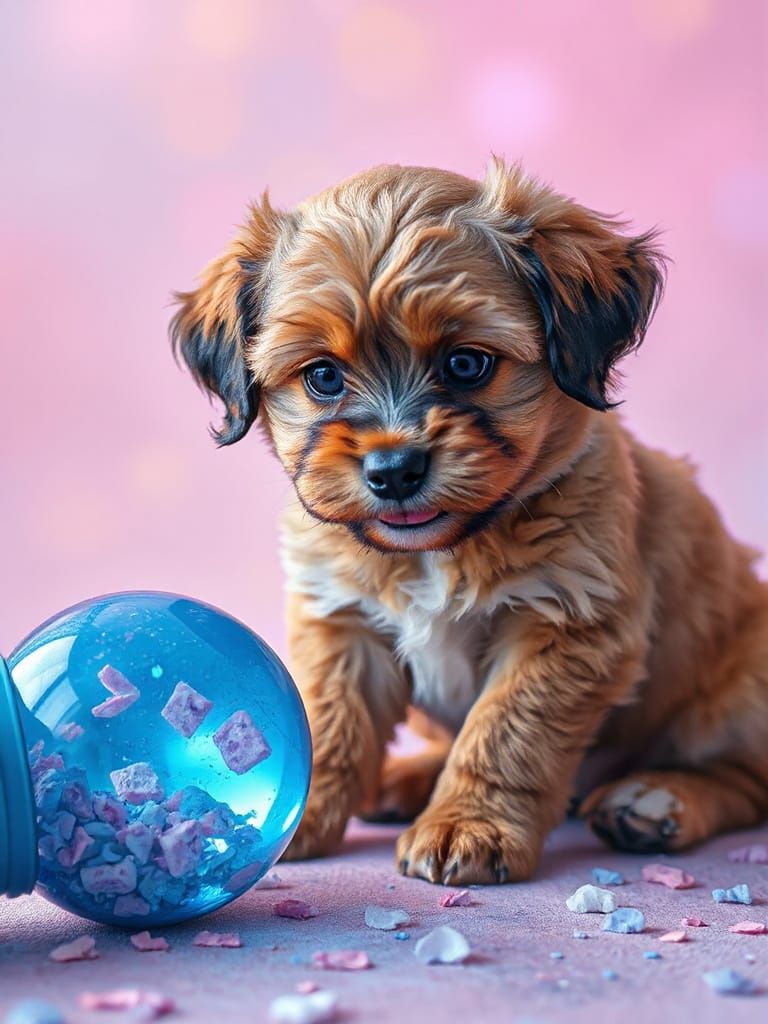 Vibrant Puppy Interacts with Brilliant Blue Treasure in Whim...