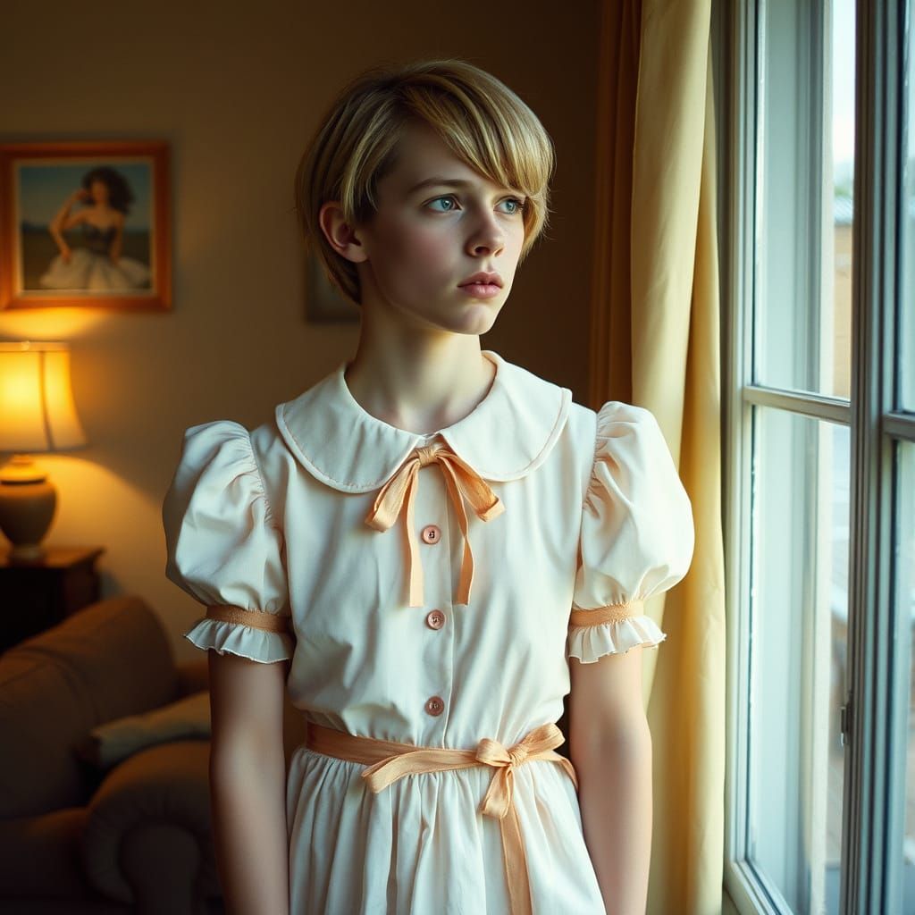 Worried Young Man in Frilly Dress Gazes Out Window