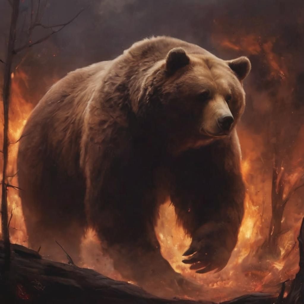 Grizzly Bear Rising: Anime Photograph in Fiery Darkness