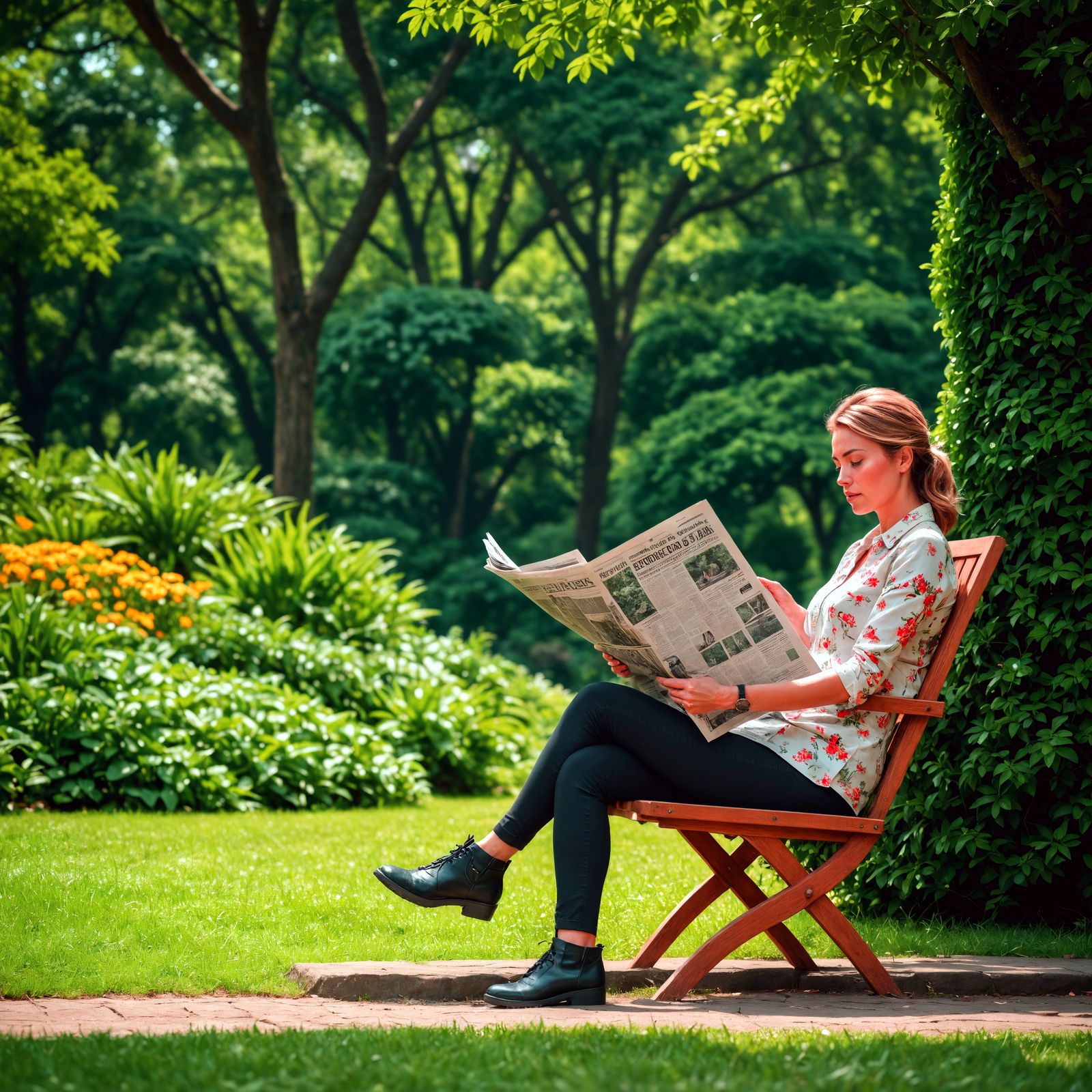Woman Reading Newspaper in Hyperrealistic Botanical Garden