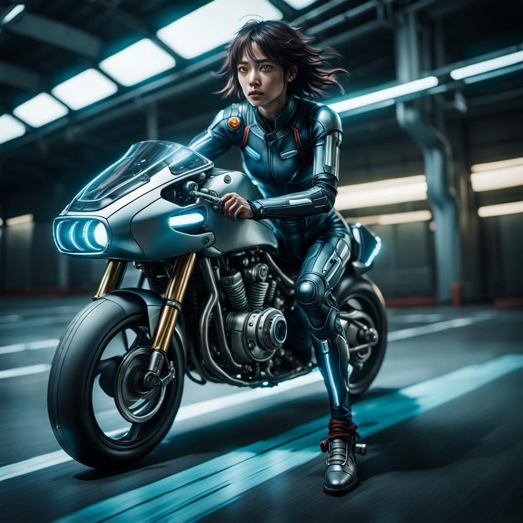 Woman on Light Cycle in Anime Key Visual Style