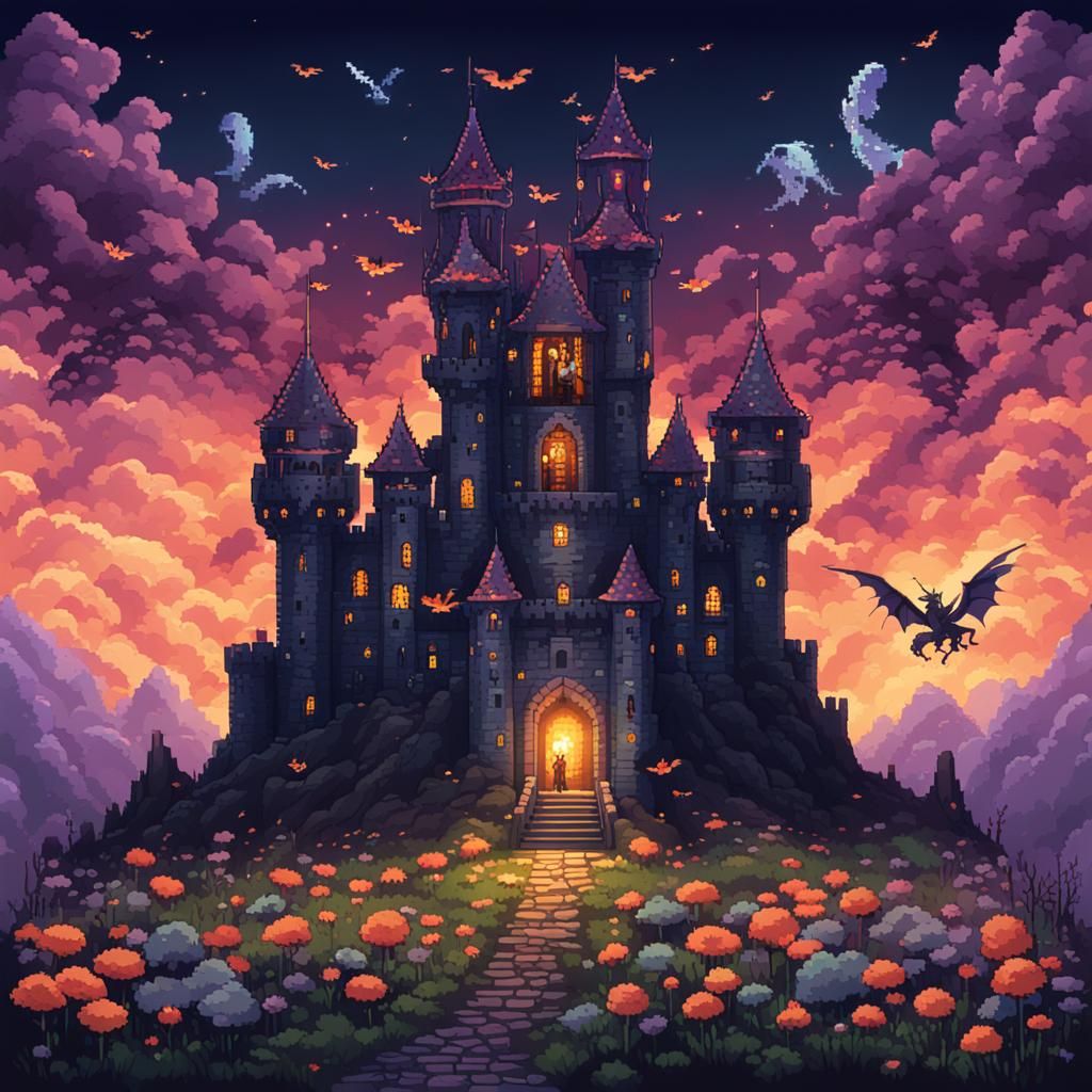 Dark Fantasy Bone Castle with Dragon God: Pixel Art