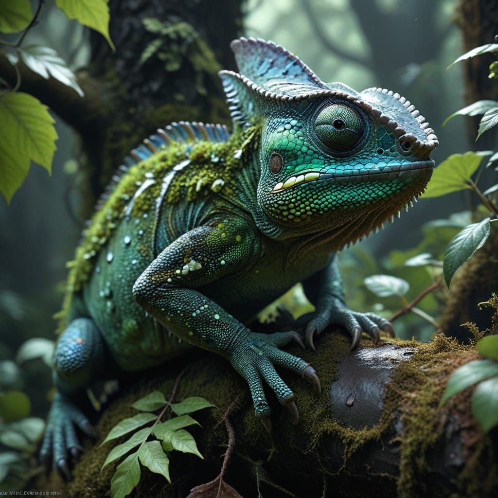 Photorealistic Green Chameleon Blending with Leaves