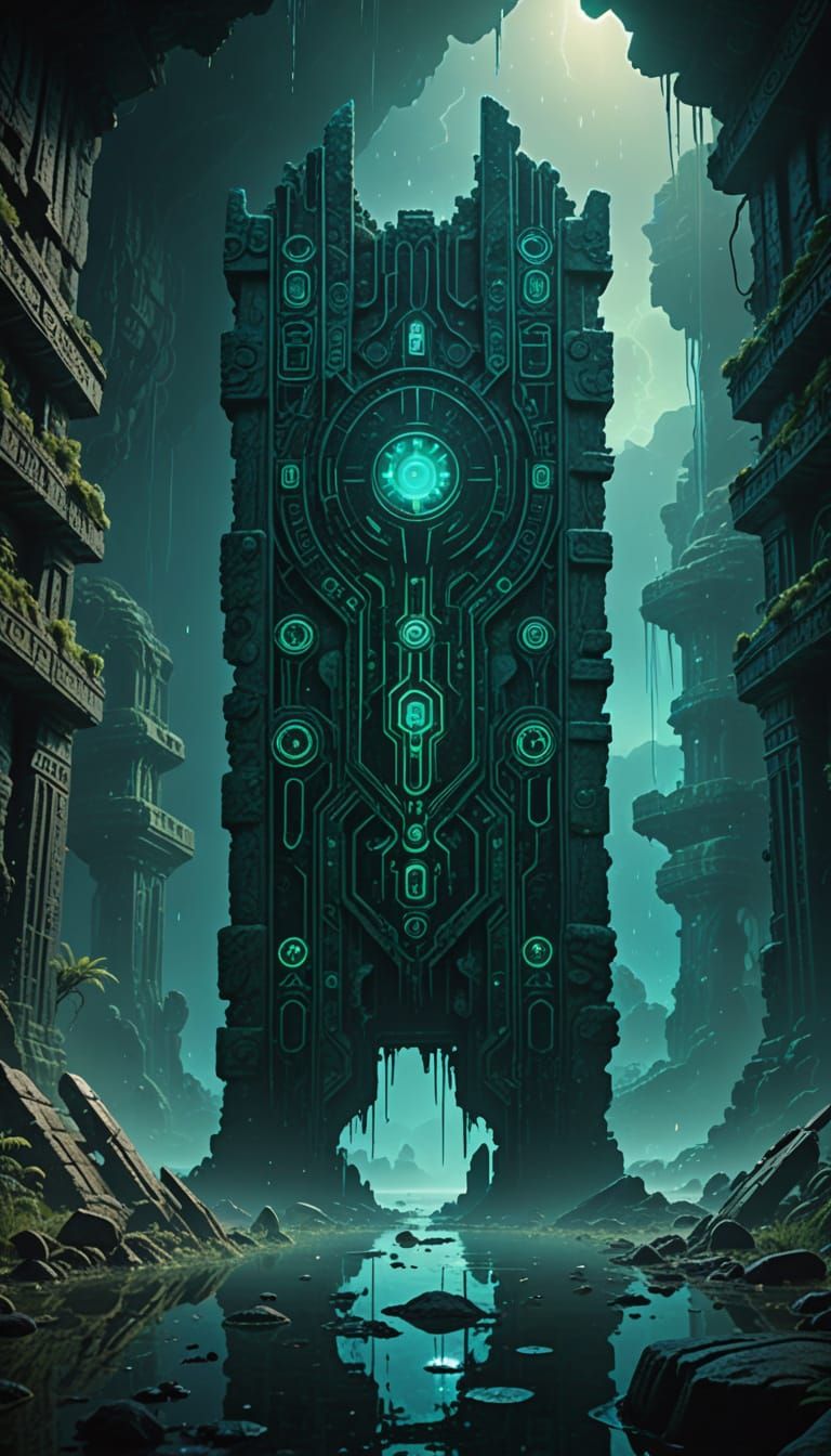 Bioluminescent Glyphs in Submerged Alien Ruins