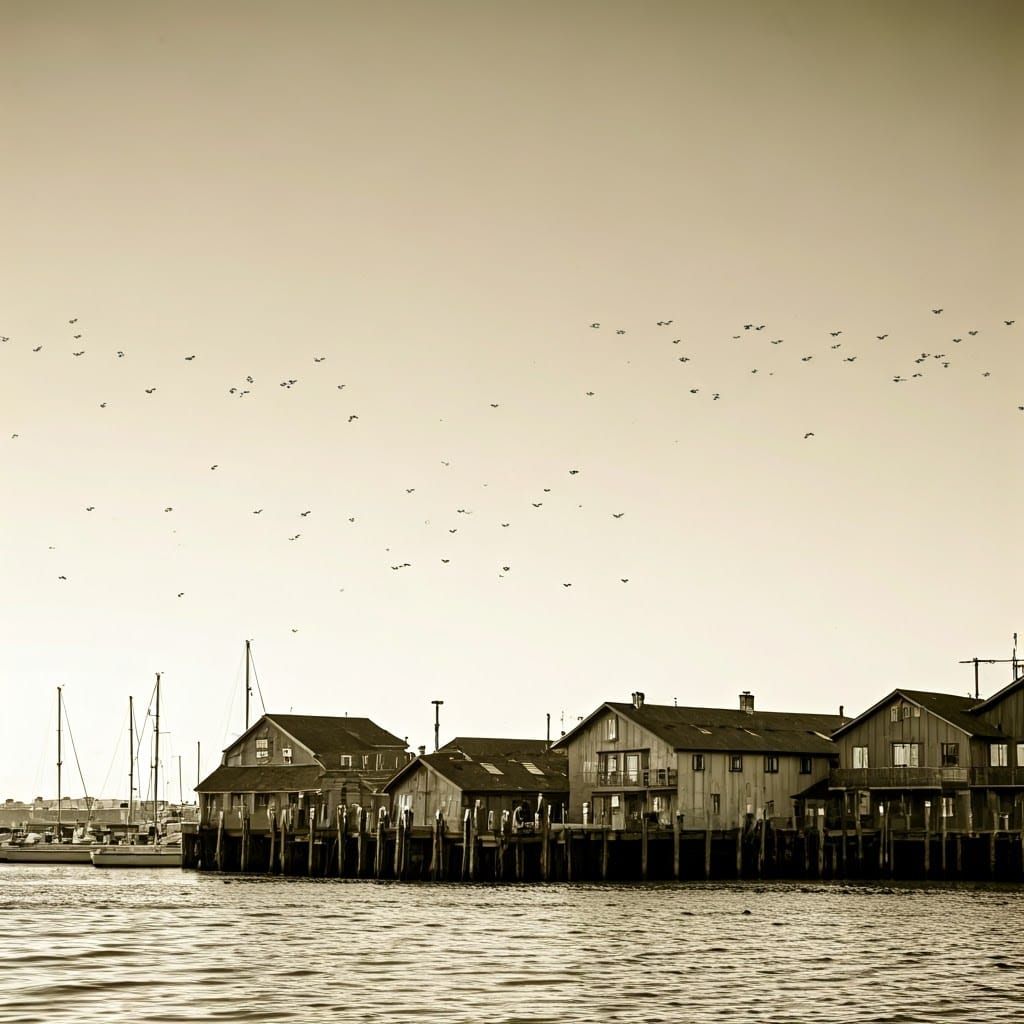 Vintage Monterey Bay Scene in Jazz-Inspired Black-and-White