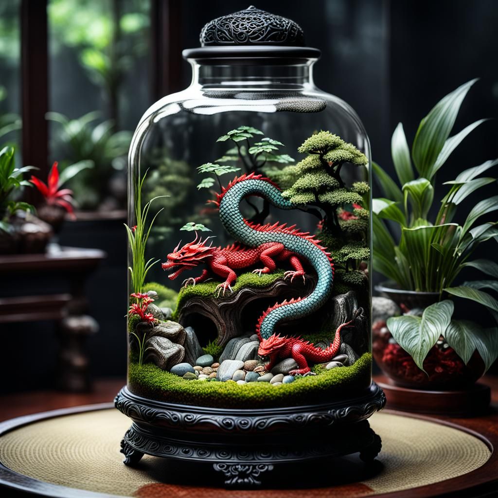 Lush Oriental Zen Terrarium with Red Dragon