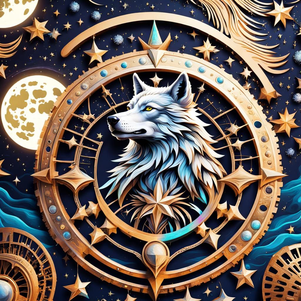 Fantasy Wolf Under Starry Sky in Steampunk Style