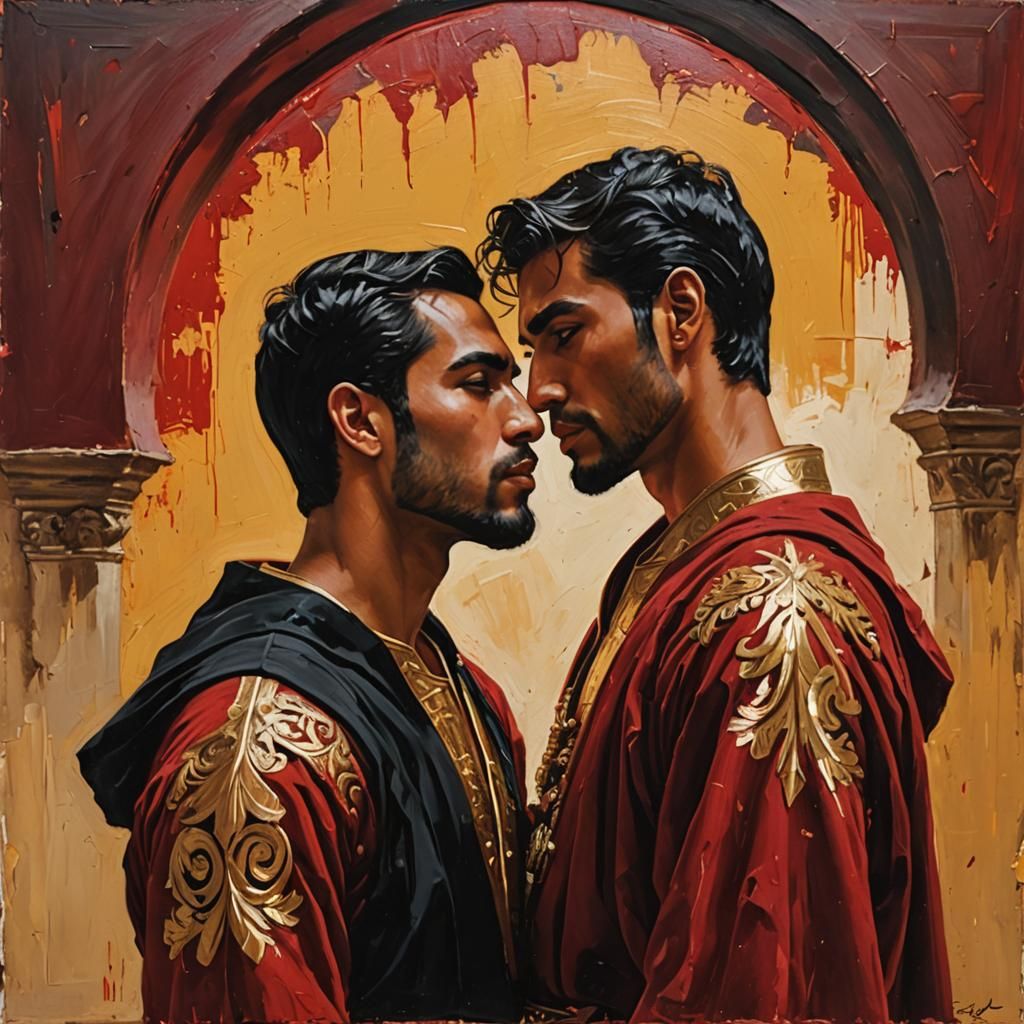 Neo-Impressionist Portrait of Two Men Kissing