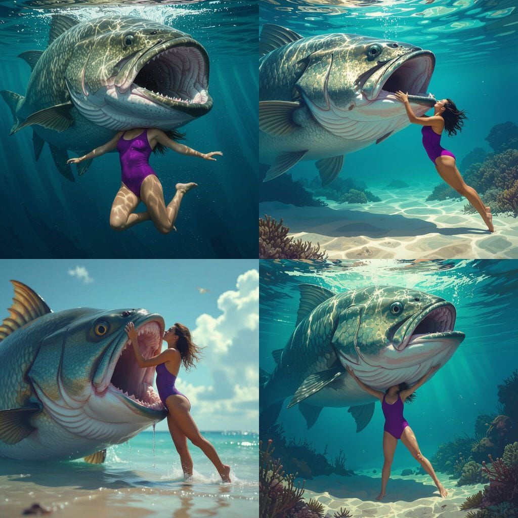 Woman Swallowed by Giant Fish in Detailed Scene