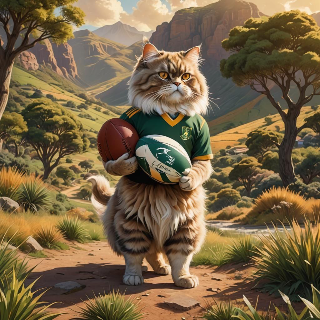 Rugby-Playing Persian Cat in South African Landscape