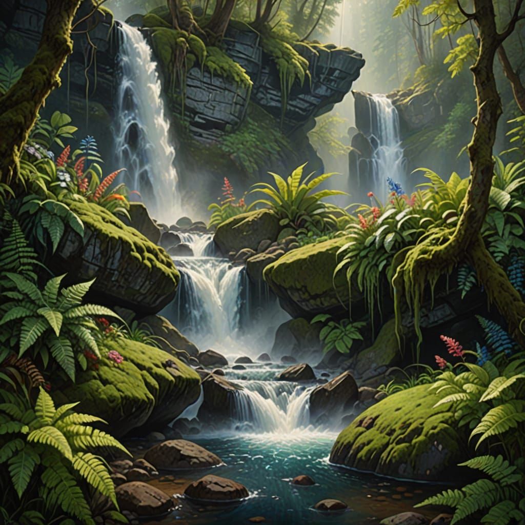 Surrealistic Waterfall Scene in Hyperrealistic Style