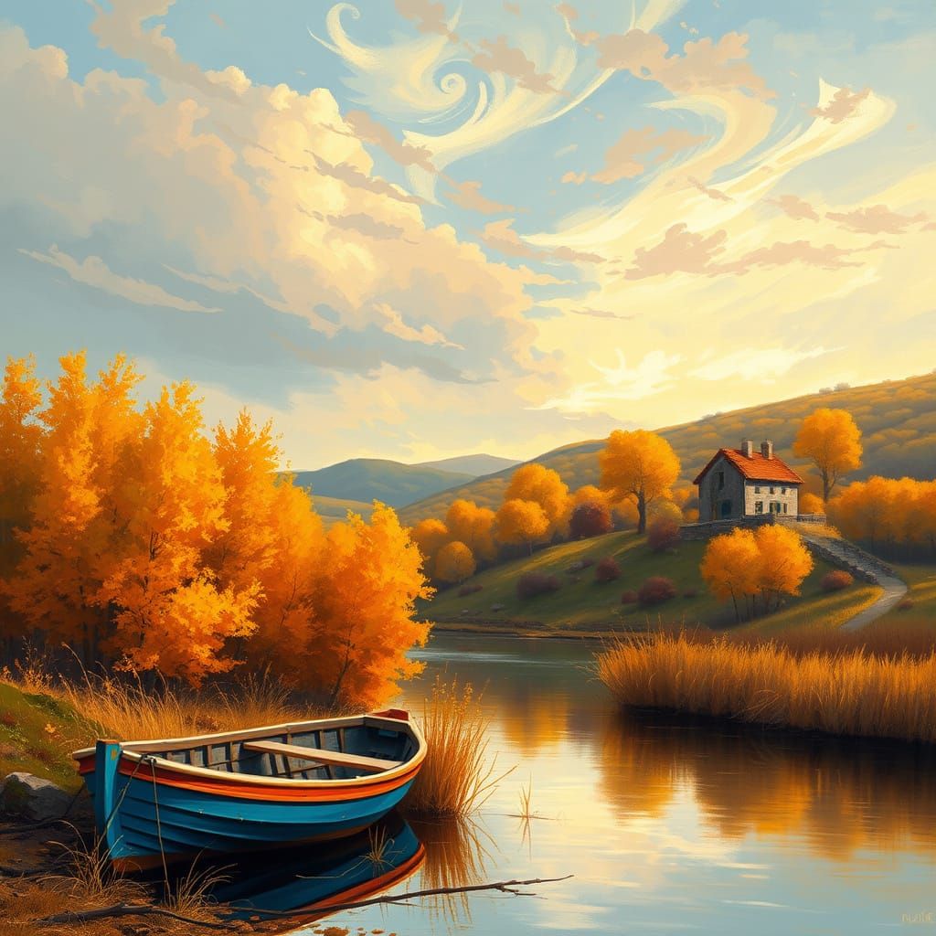 Golden Autumn River Scene with Quaint Stone House
