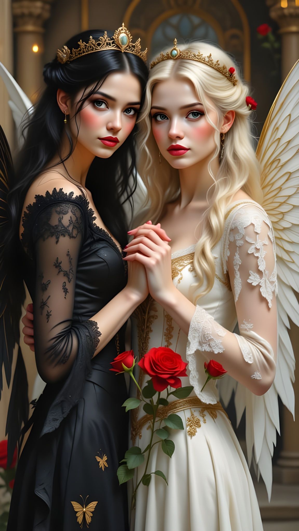 Angelic Women with Roses in Pre-Raphaelite Style