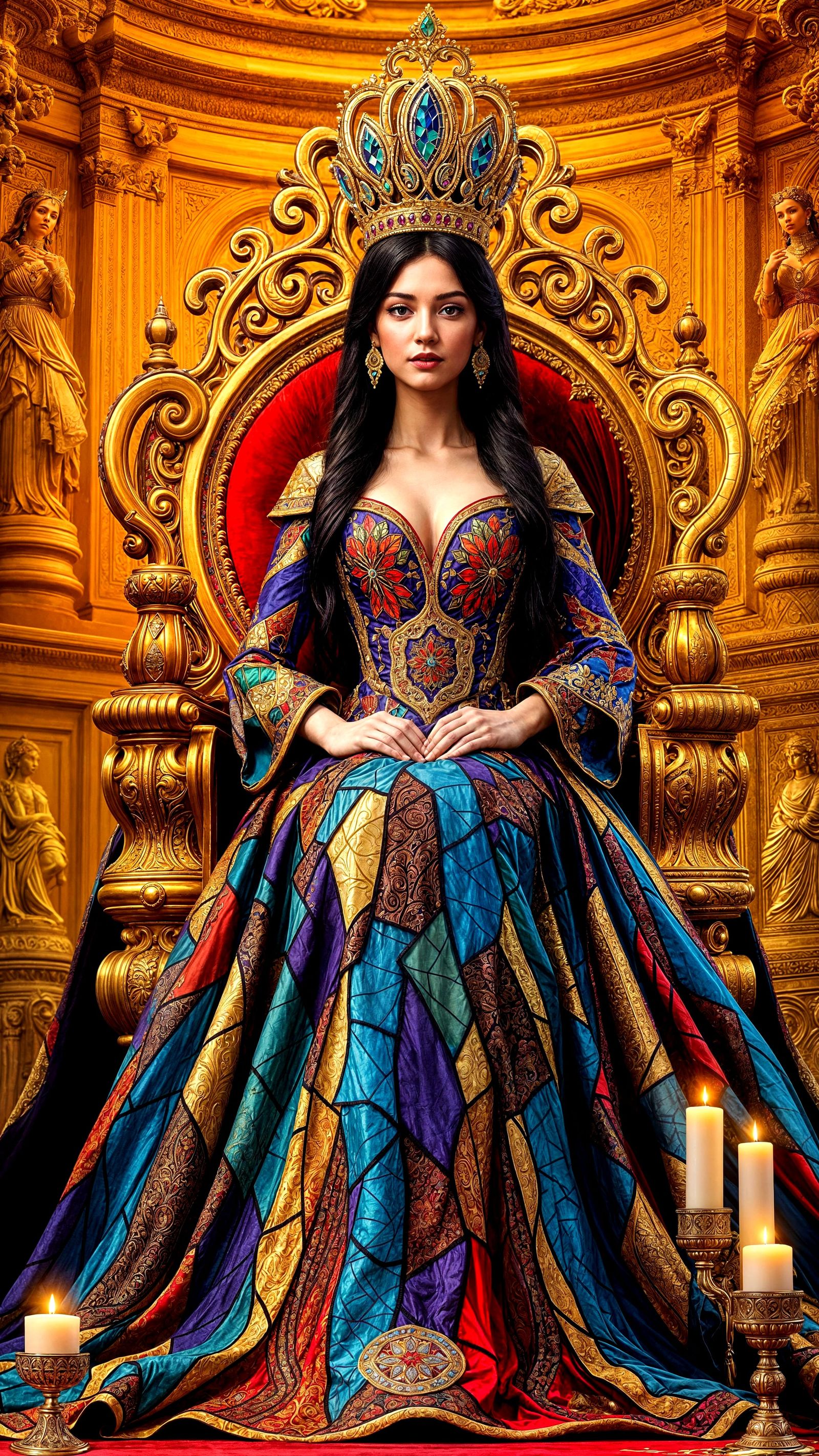 Regal Queen in Stained Glass Gown Amidst Golden Opulence