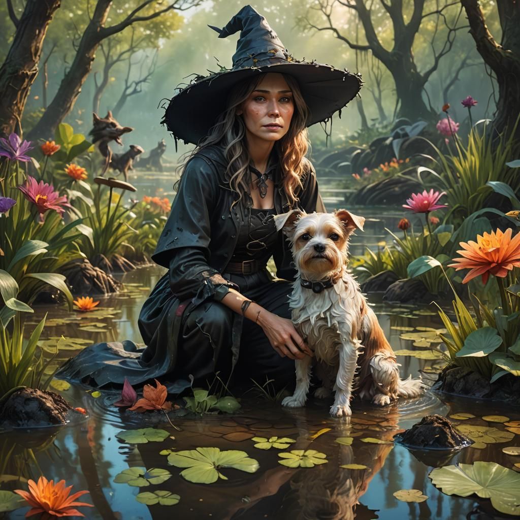 Swamp Witch Gardening with Dog: Hyperrealistic Splash Art