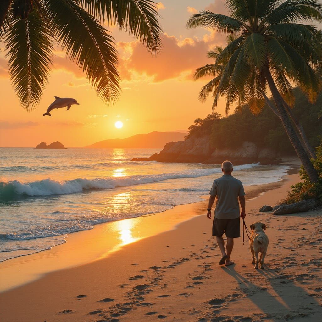 Chinese Old Man and Dog Walk by Sea at Orange Sunset