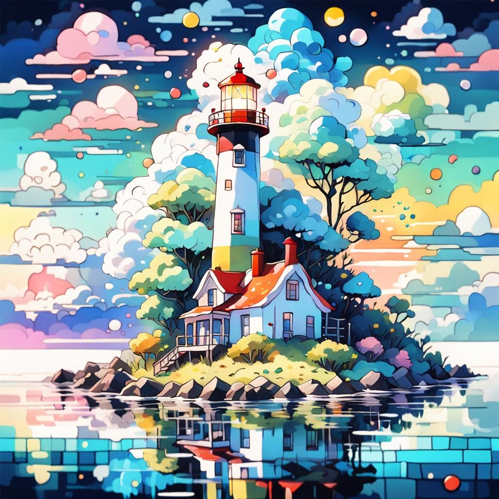 Lighthouse Island with Bioluminescent Waves, Glitch Art