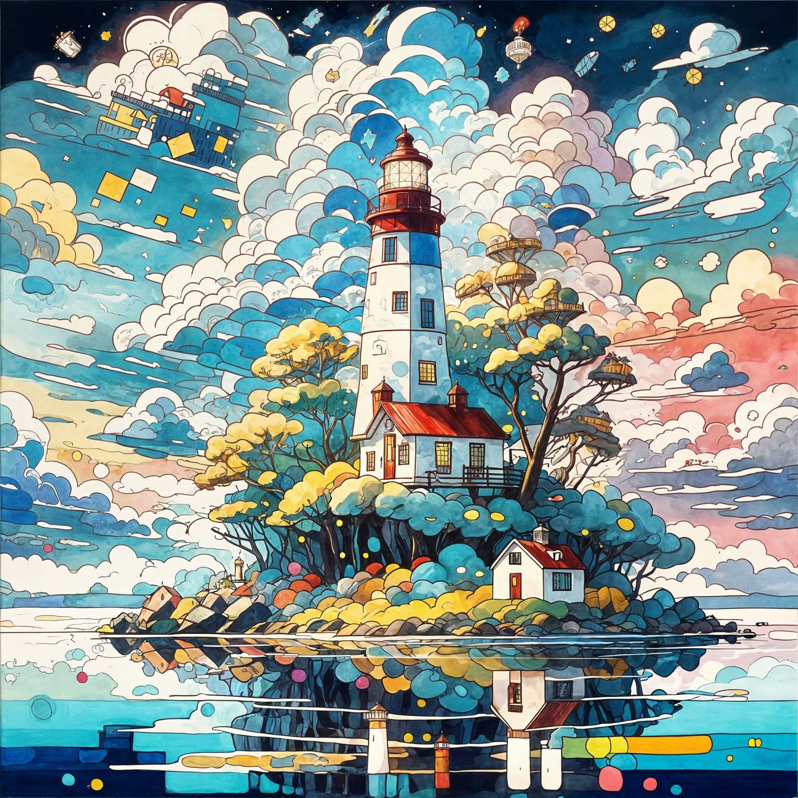 Charming Lighthouse on Island with Cotton Clouds
