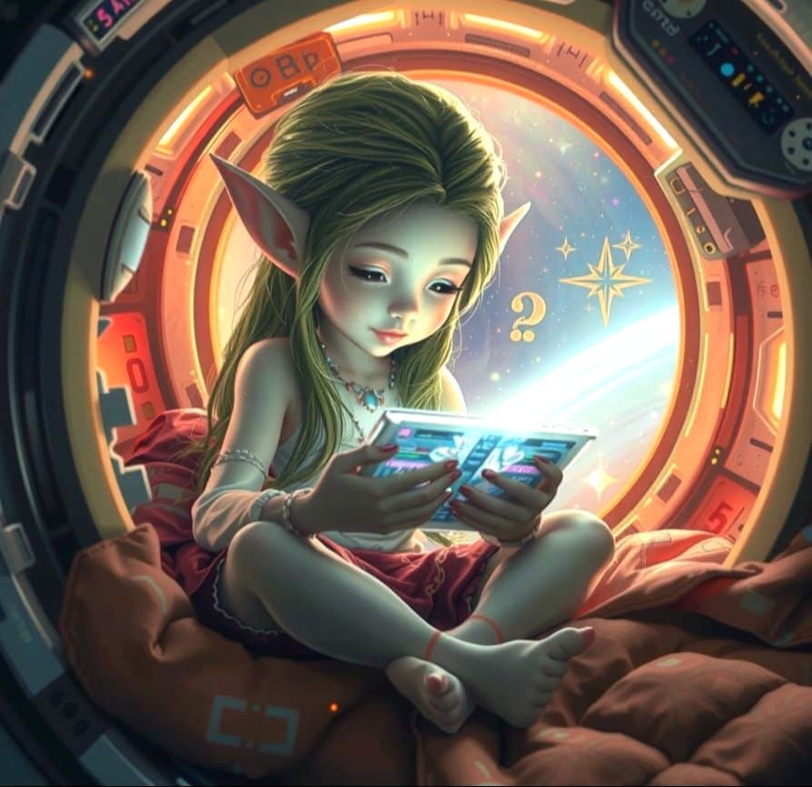 Fantastical Elf-Like Alien in Cozy Space Nook