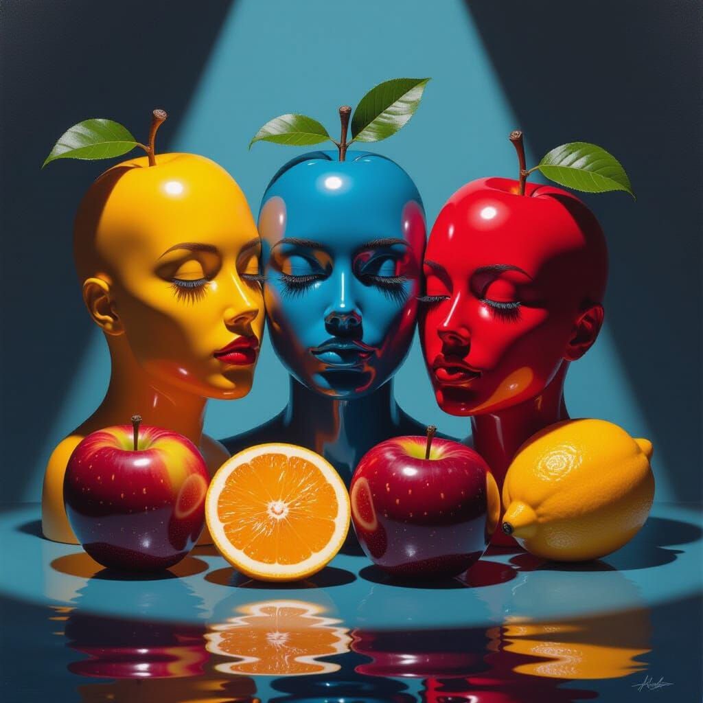 Humanoid Fruit Splash Art with Chiaroscuro Lighting