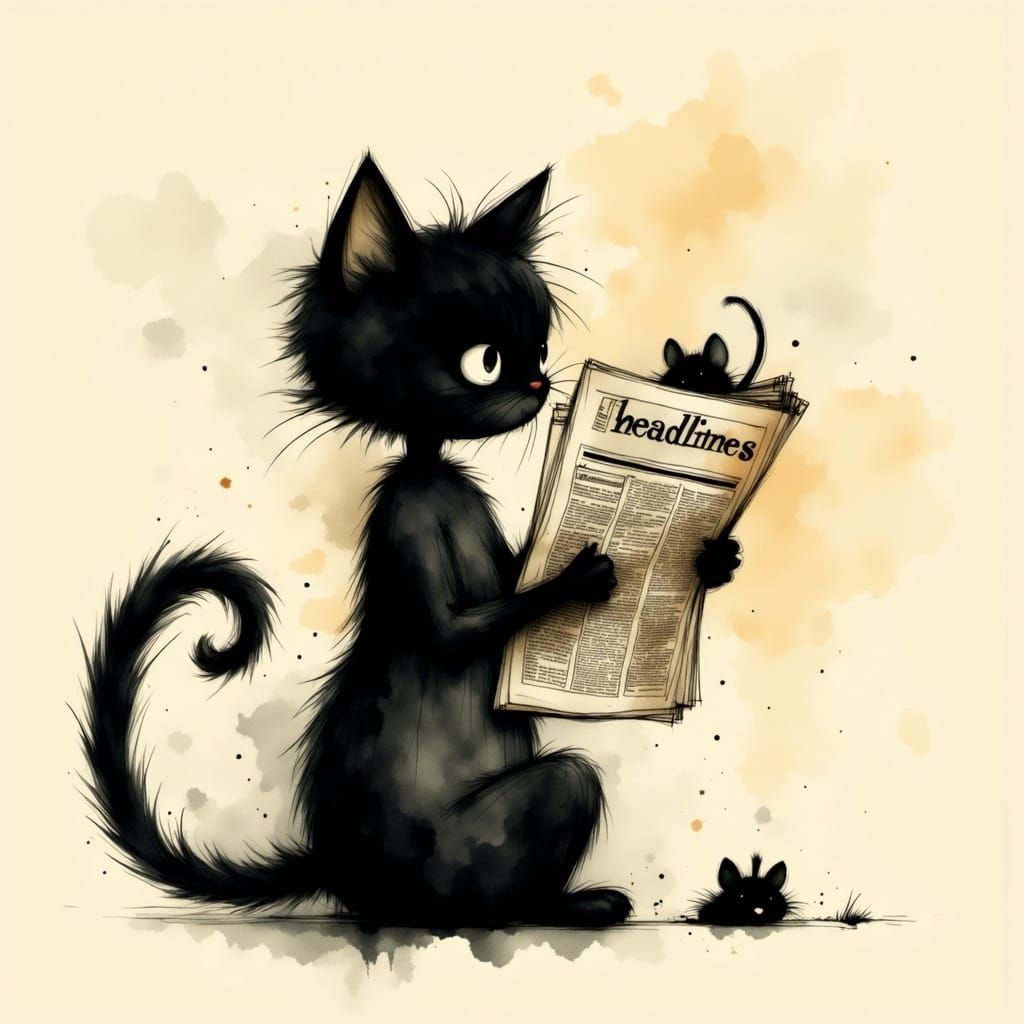 Whimsical Silhouette of Curious Cat Reading Vintage Newspape...