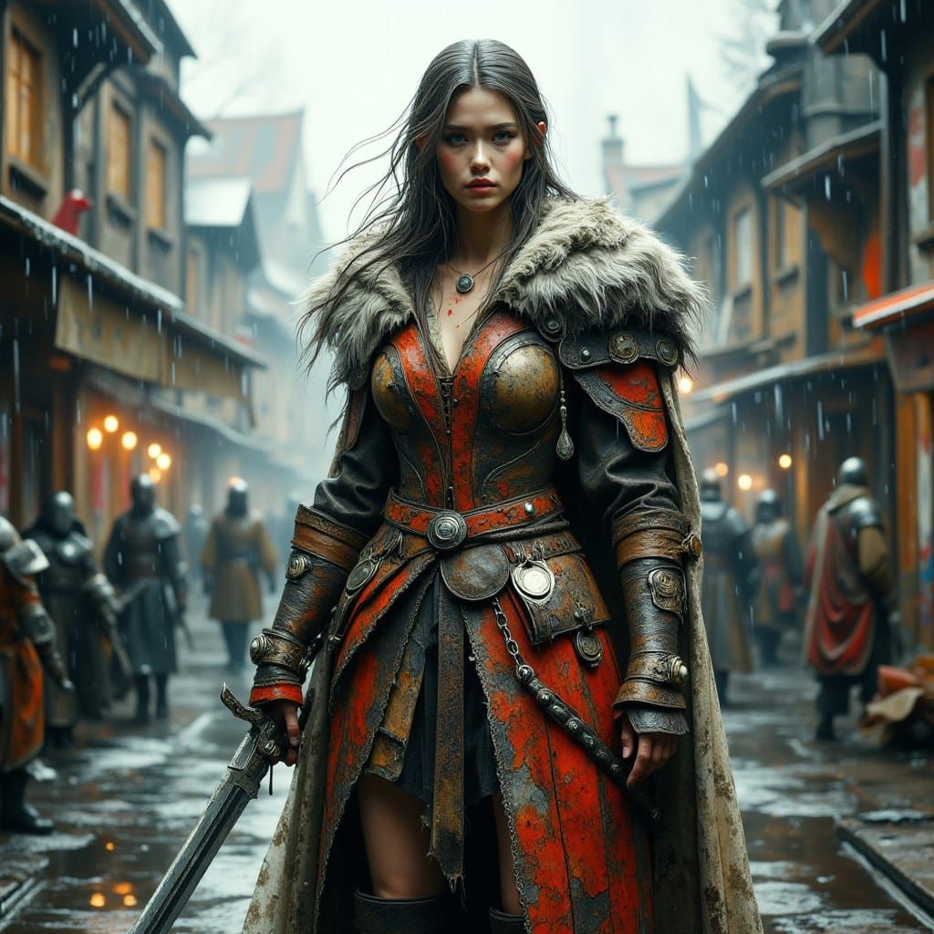 Imposing Barbarian Warrior in Rainy Medieval Street