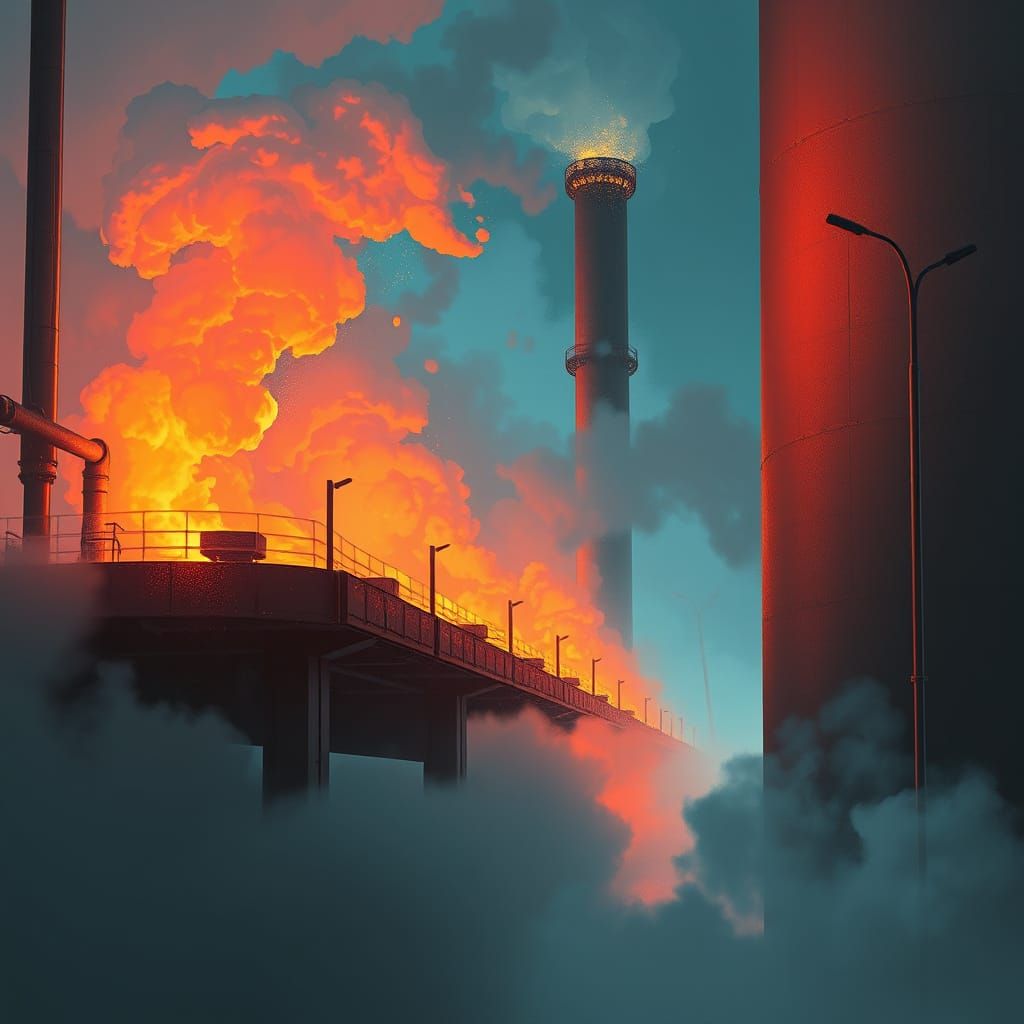 Water Droplets Extinguishing Flames in Retro-Futuristic Styl...