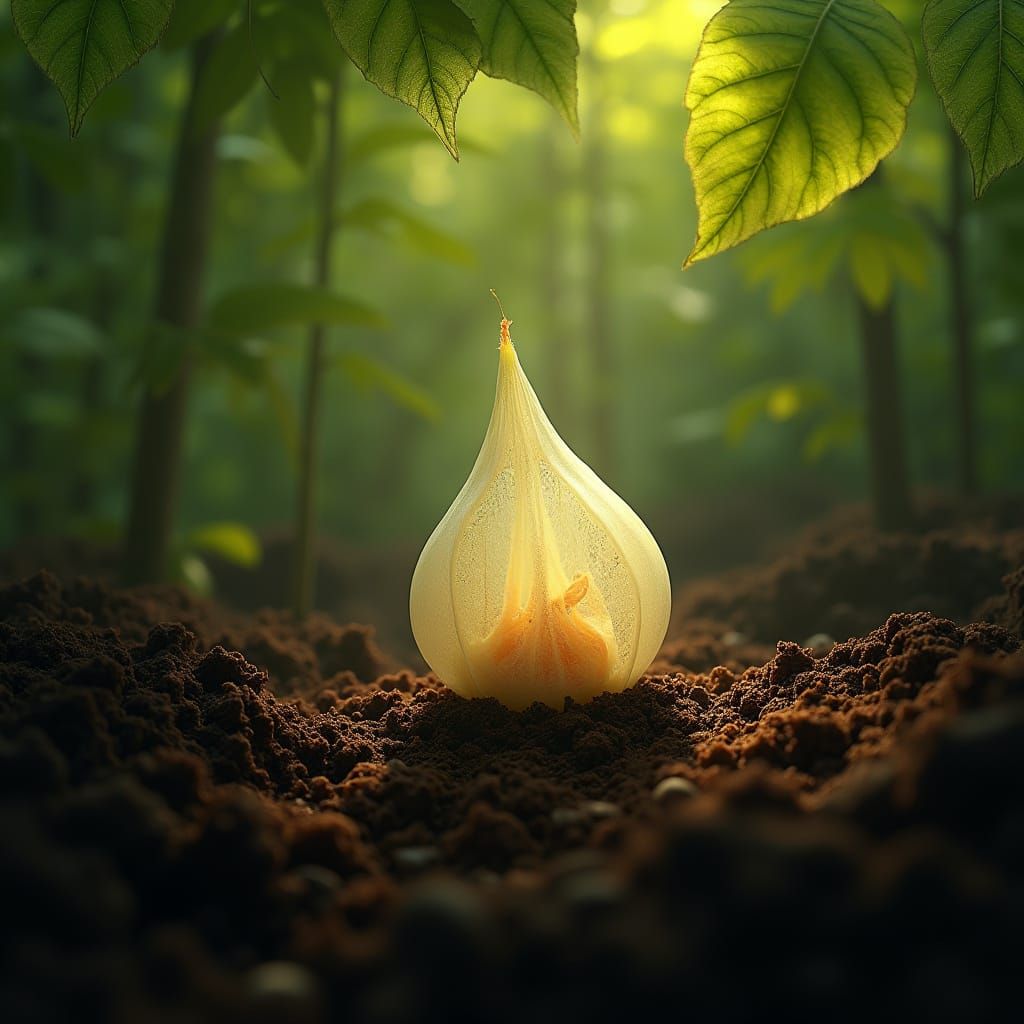 Serene Seed in Fertile Soil, Lush Green Leaves and Warm Ligh...