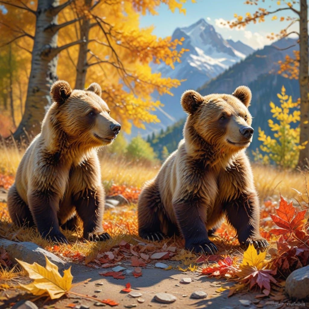 Adorable Bear Cubs Play in Autumn Leaves as Oil Painting