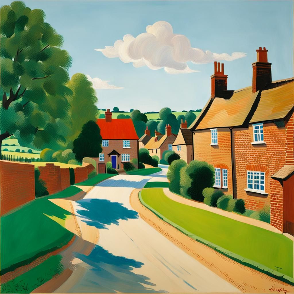 English Village in Sunlight: Hockney-esque Painting
