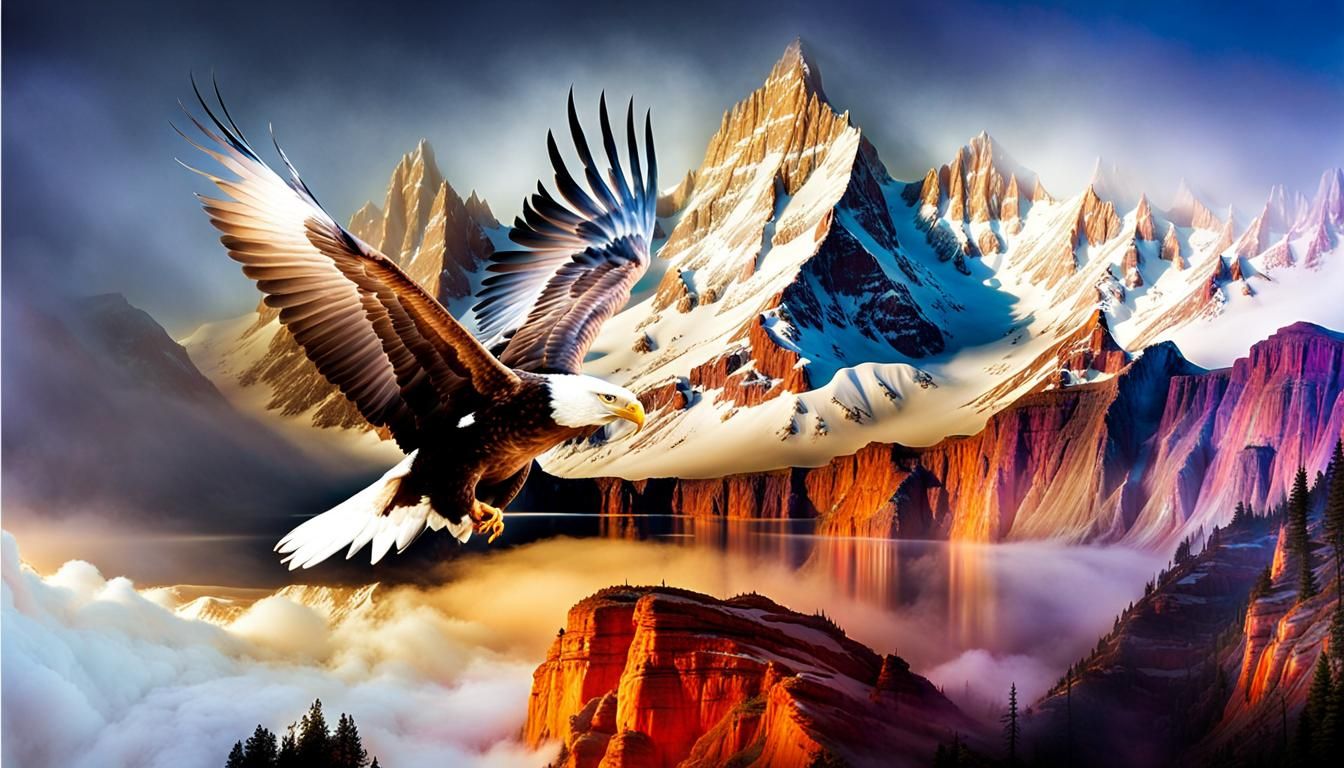 Majestic Eagle on Cliff in Double Exposure Style