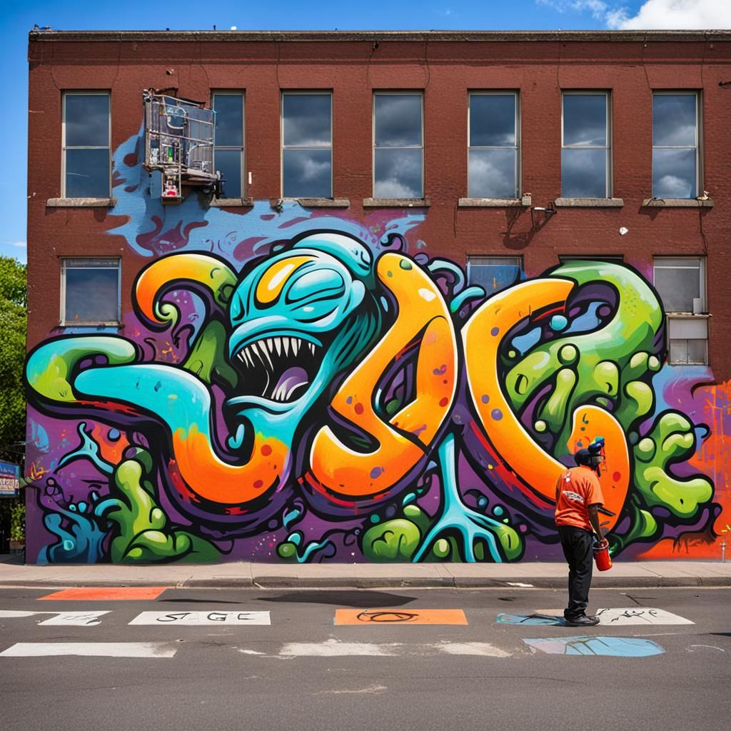 Alien Graffiti Artist Paints Mural on City Street