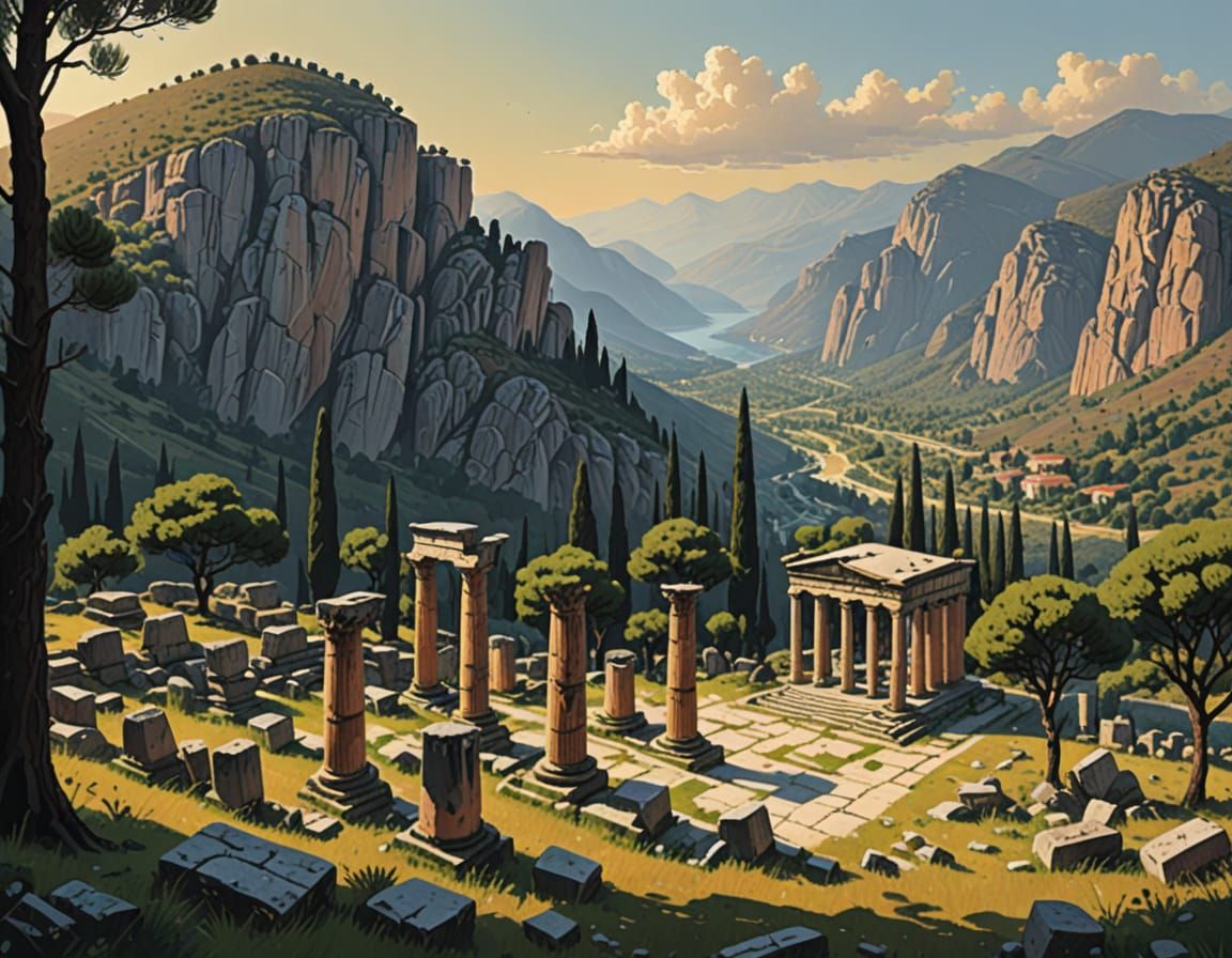 Ethereal Delphi: Romantic Ruins in Golden Light