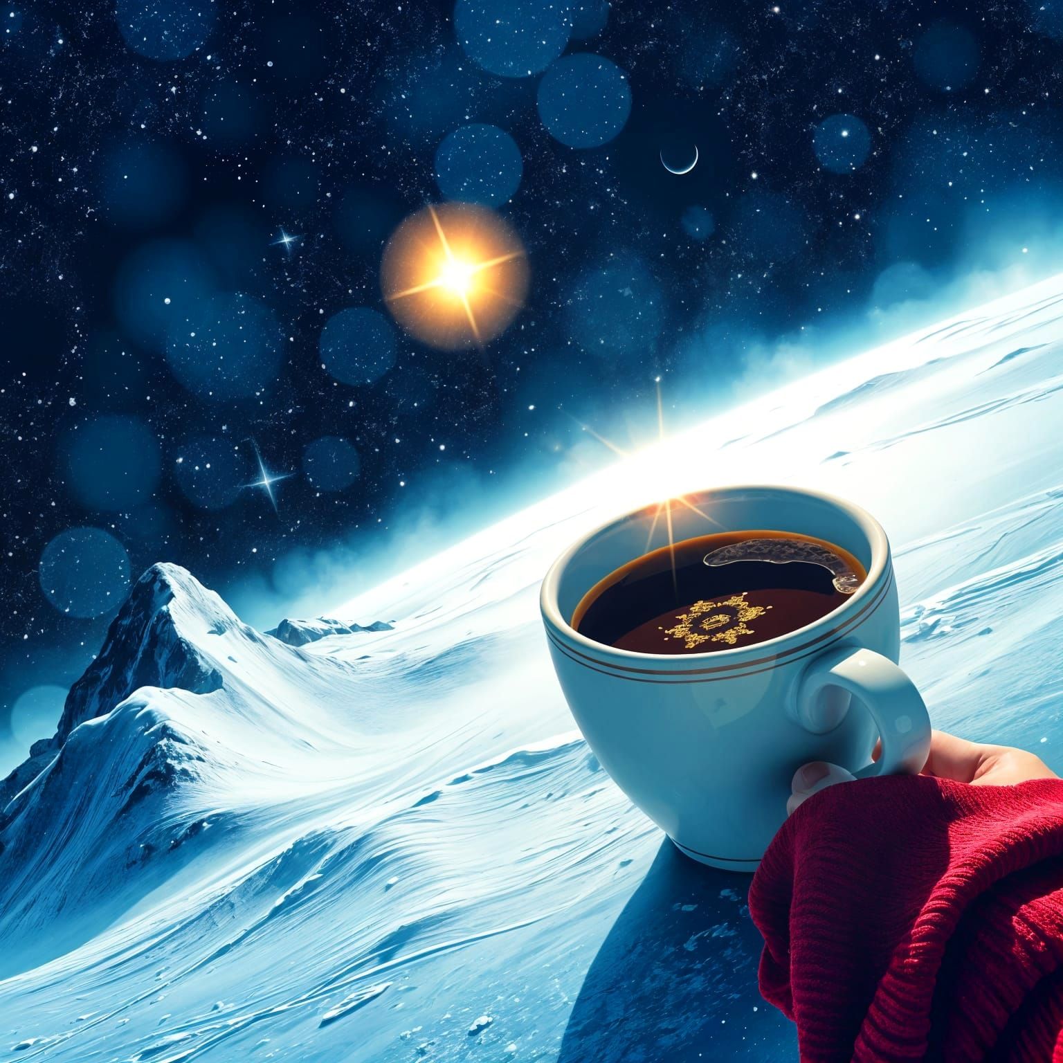 Cosmic Coffee Moment in Vibrant Sumi-e Style