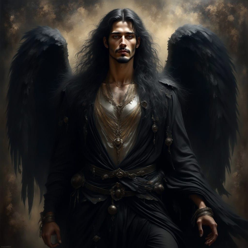 Renaissance-Style Fallen Angel in Dark Smoky Background