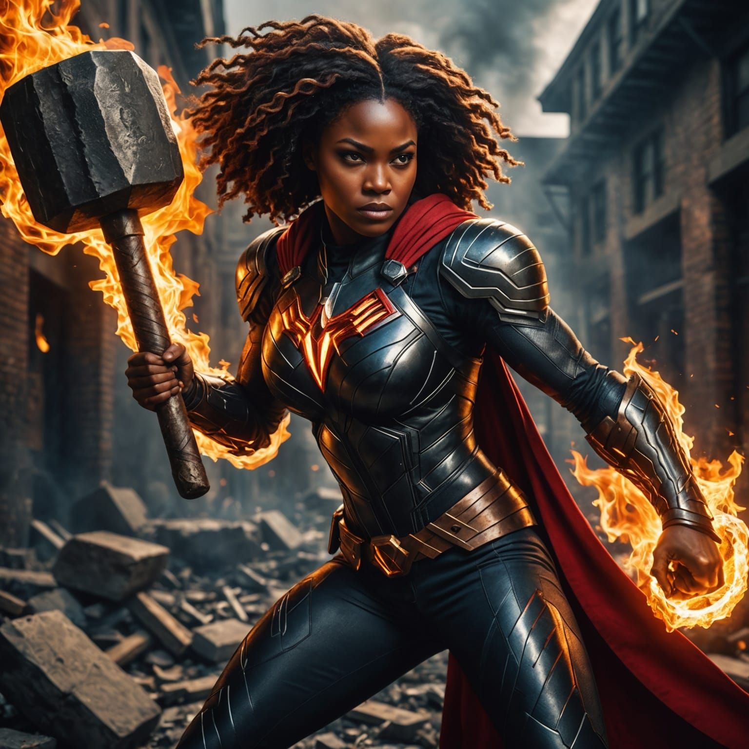 Fiery Black Superhero with Hammer in Hyperrealistic Style