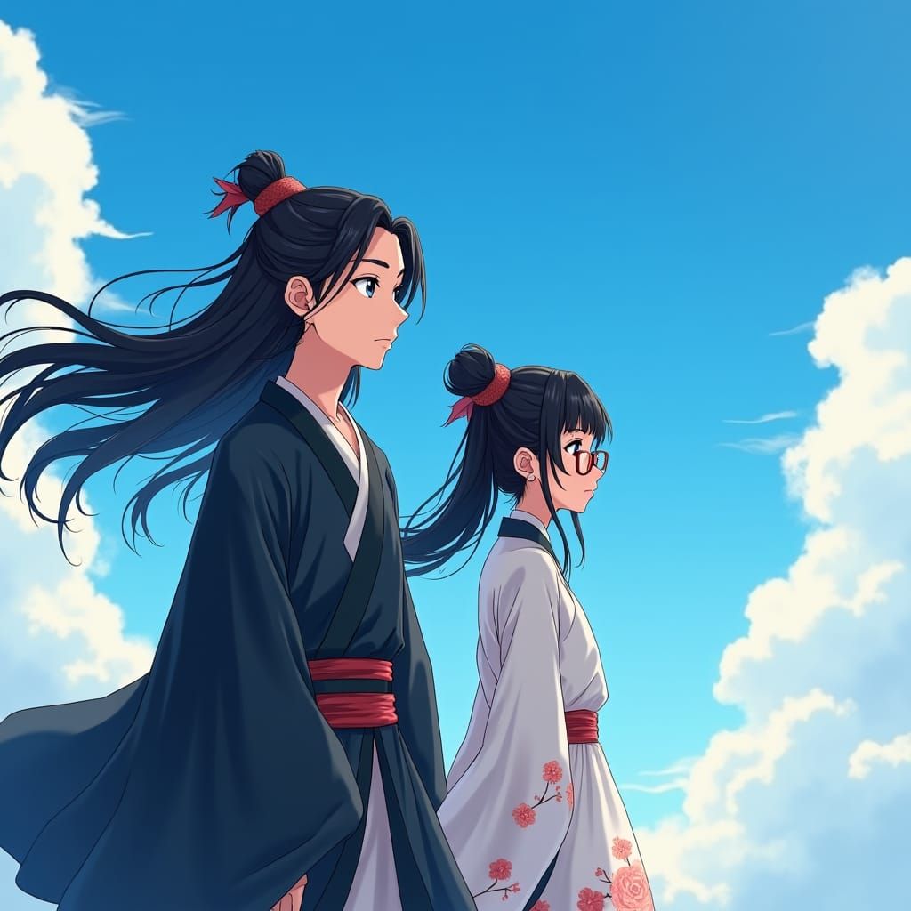 Ancient Boy and Modern Girl in Anime Style