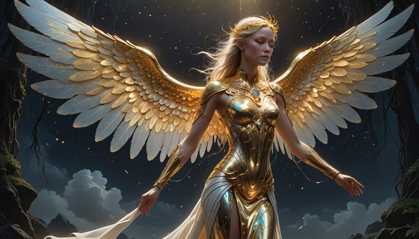 Ethereal Half-Angel Goddess with Iridescent Wings