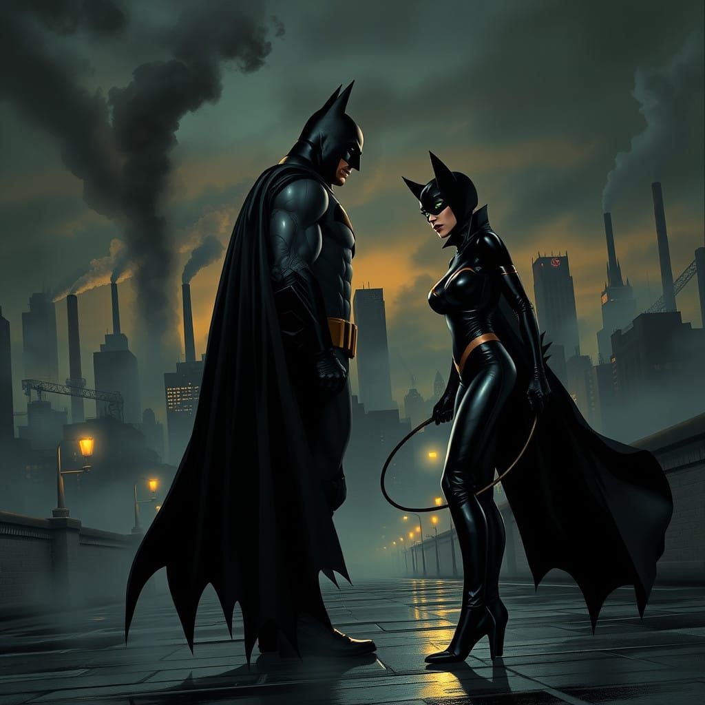 Dark Gotham City Skyline at Dusk with Batman and Catwoman