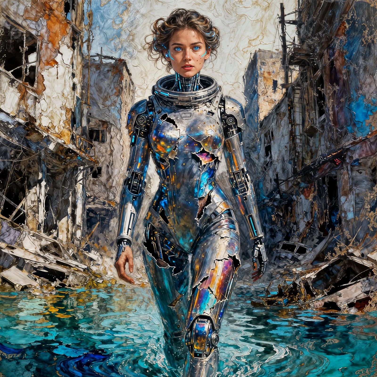 Vibrant Cyborg in Decaying Cityscape