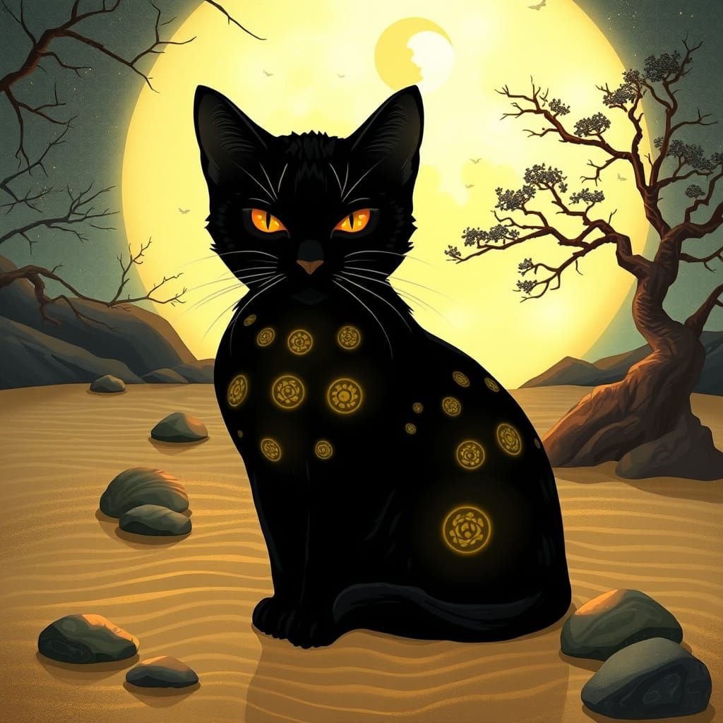 Ethereal Black Cat in Zen Garden, Art Nouveau