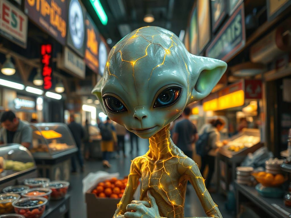 Alien Toddler in a Crowded Marketplace