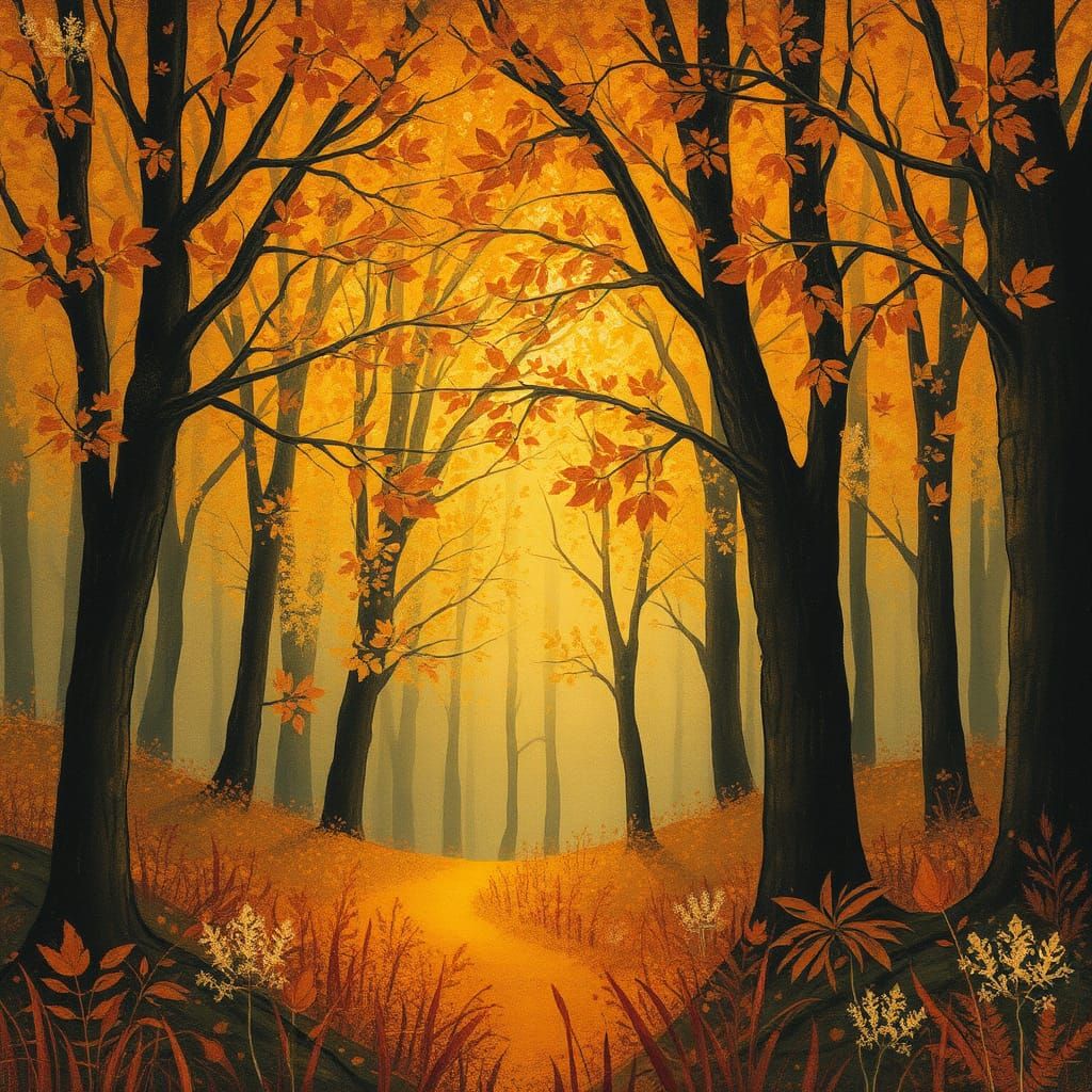 Autumn Forest Landscape in Ethereal Naive Style