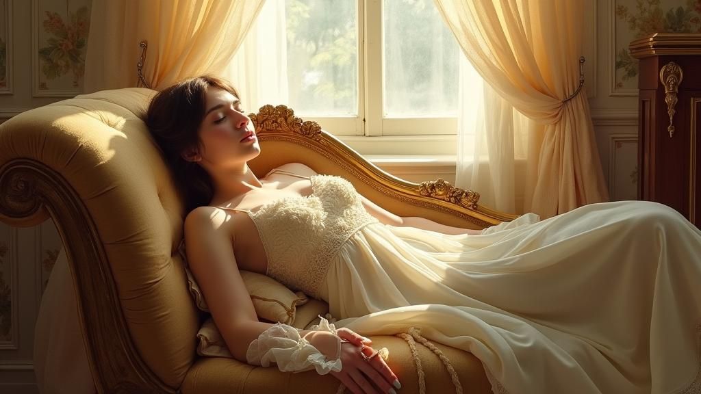 Woman Sleeping on Chaise Lounge in Pre-Raphaelite Style