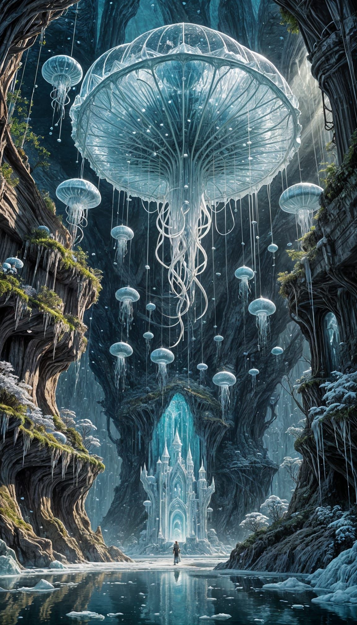 Surreal Solarpunk Narnia: Bioluminescent Jellyfish Palace